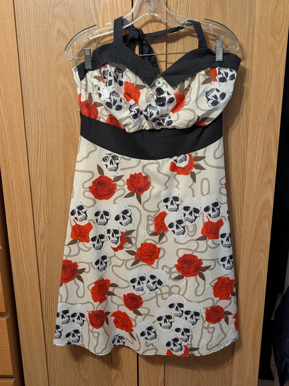 Cream and Red Rose & Skull Halter Dress